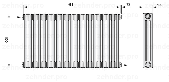 Схема (чертеж) Радиатор Zehnder Charleston 3100/21 №1670 Белый глянцевый RAL 9016